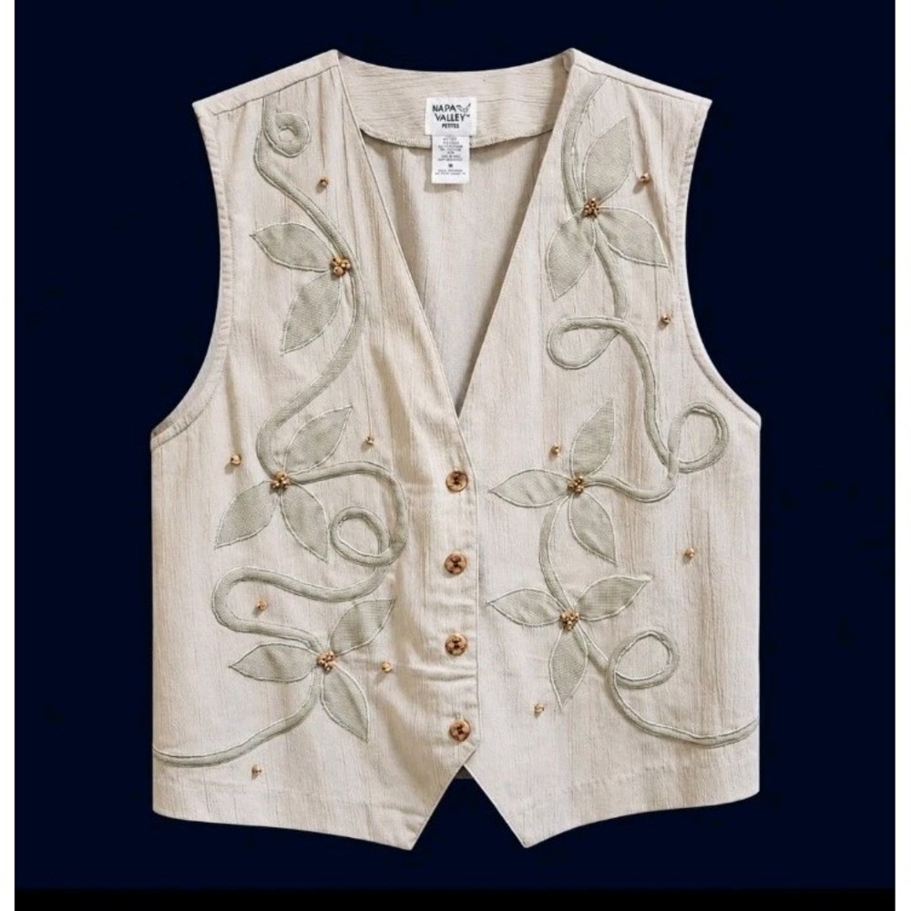 Napa Valley Petites Vest Womens S Beige Embroidered Floral Button Tie Back
